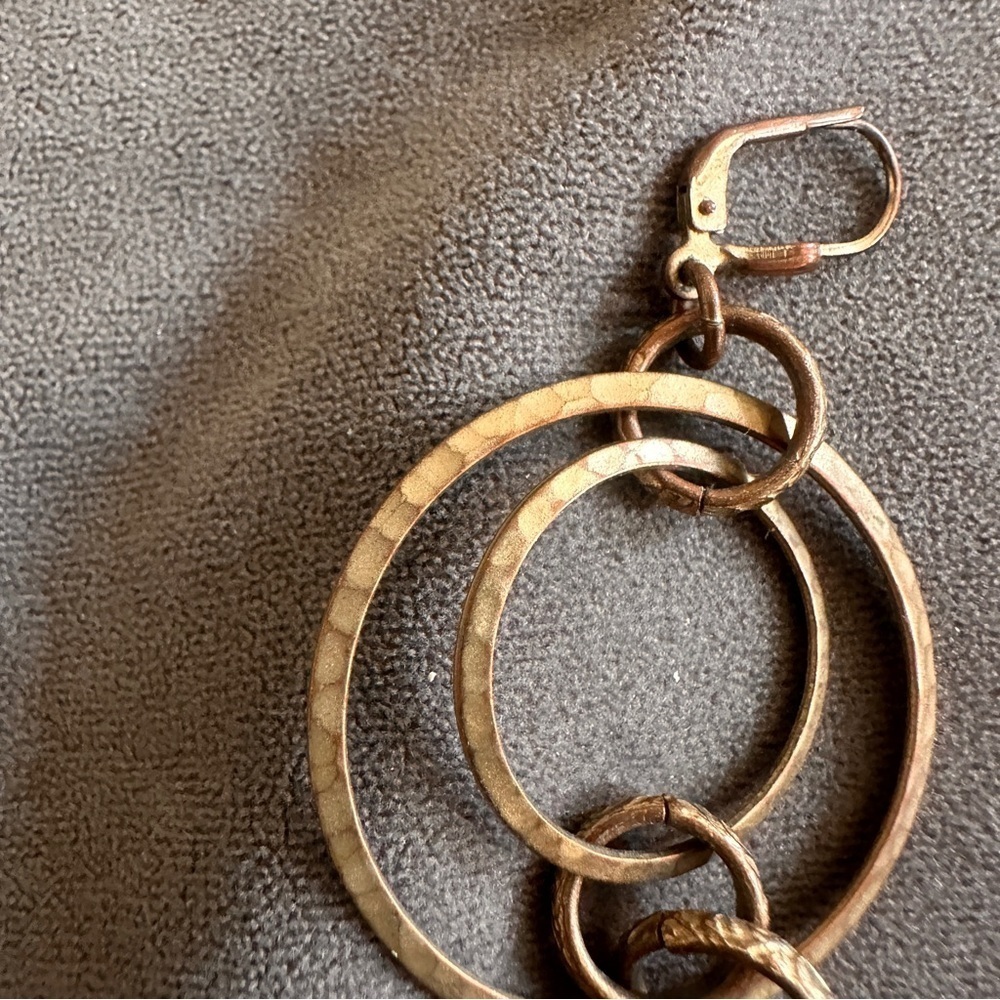 Boho Hammered Brass Hoop Earrings w/ Crystal Drop Dangle Artisan Chic 3” - Picture 5 of 7